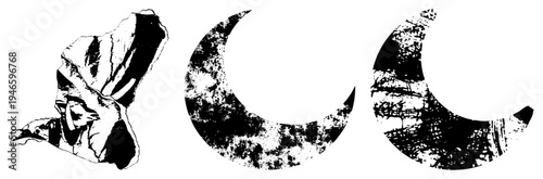 Grungy moon shapes with distressed textures, stylized lunar motifs, vector art, design, celestial symbols, artistic.