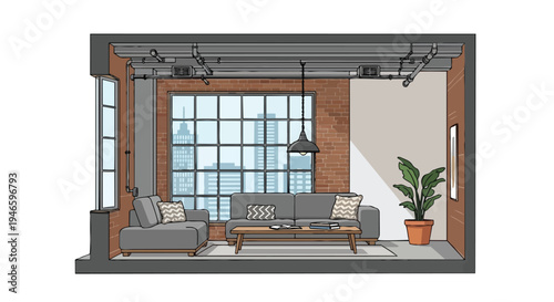 Modern industrial loft living room with exposed brick, cityscape view, and comfortable contemporary furnishings.
