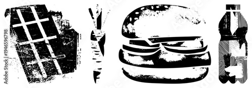Stylized food items rendered in halftone and distressed vector art burger, carrot, soda bottle, packaged goods, textured, urban aesthetic, graphic design elements.