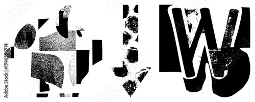 Stylized vector shapes composed of fragmented forms, halftone, and distressed textures modern graphic design elements with gritty visual effects.