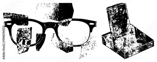 Retro eyeglasses with distressed texture paired with ancient stone monument, vector graphic, halftone style, isolated design elements, illustration.