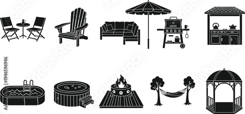 Outdoor garden furniture and backyard leisure icons set including pool, grill, hammock, gazebo and patio seating vector illustration