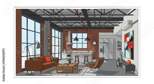 Modern industrial loft living space with open-plan kitchen and brick accents