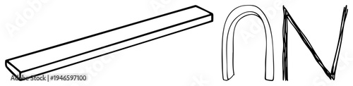 Sketch style vector shapes including rectangle, arch, and stylized N, minimalist, artistic doodle, conceptual design elements.