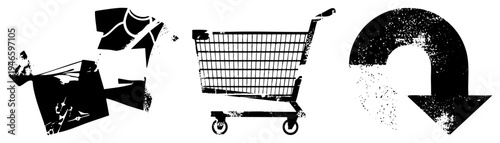 Distressed black torn t shirt, shopping cart, arrow, vector symbols with gritty texture, e commerce, digital, apparel.