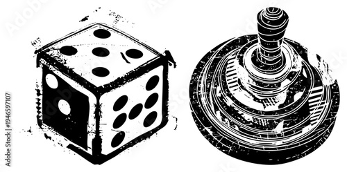 Retro gaming die and classic arcade joystick, stylized black and white vector art, pixel art inspired, game controller, gaming history symbol.