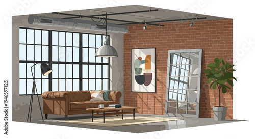 An inviting industrial loft living space rendered with modern aesthetics, highlighting exposed brick walls, an expansive gridded window, a cozy