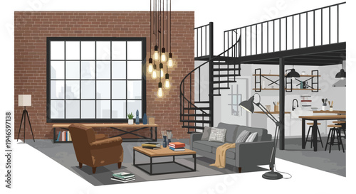 Contemporary urban loft interior with industrial accents and open-plan living space