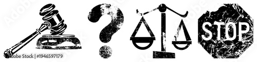 Set of legal gavel for court, question mark for uncertainty, scales for justice, stop sign for halt all in distressed black and white vector style.