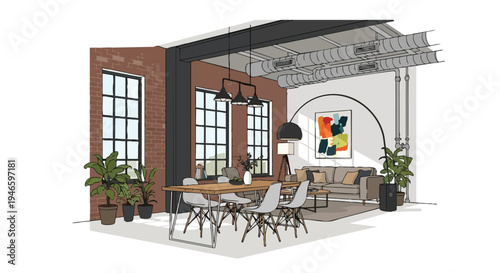 Contemporary loft apartment interior design sketch showcasing an open plan living space with industrial elements and modern furnishings creating a