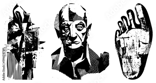 Stylized human bust and hands rendered with fragmented shapes and halftone, graphic design, vector illustration, artistic expression, aesthetic.