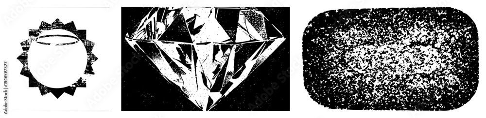 Fototapeta premium Geometric sunburst, faceted diamond, speckled oval minimalist vector art, design, graphic, stylized shapes, clean, high contrast, digital illustration.