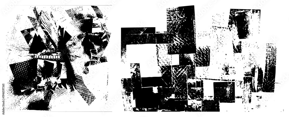 Obraz premium Fragmented black and white shapes with halftone textures, abstract collage, graphic design element, vector art, modern art piece, digital illustration.
