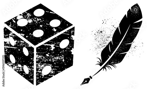 Vintage textured die with pips and ink splattered quill pen, representing randomness and, graphic design.