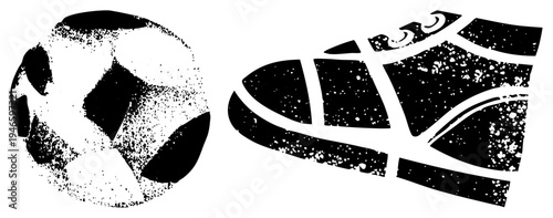 Black and white halftone soccer ball and sneaker print, sport graphics, athletic symbols, gritty texture, vector design, isolated cutout elements.