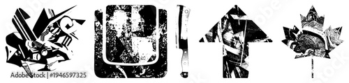 Stylized vector with fragmented textures, including a knife, upward arrow, and maple leaf, rendered in high contrast with grunge effects.