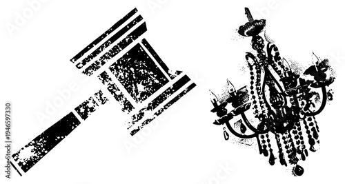 Legal gavel and decorative chandelier rendered in halftone style, black and white vector graphic, courtroom and luxury interior symbols.