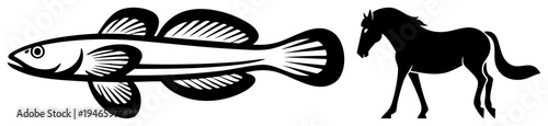 Graphic design featuring a fish with detailed fins and a horse silhouette, both rendered in bold black with white negative space, ideal for branding or logos.