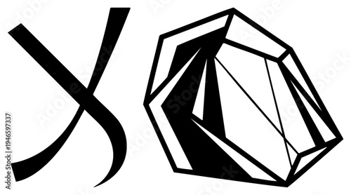 Stylized cursive letter X paired with faceted gemstone, minimalist vector art, isolated foreground, clean, graphic design element.