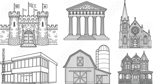 architecture, landmarks, buildings, castle, temple, cathedral, modern, house, barn, mansion, monument, historic, facade, construction, cityscape, illustration, lineart, structure, heritage, collection