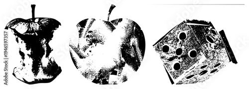 Halftone rendered core and die with textured, graphic design elements, stylized shapes, black and white vector art, isolated foreground.