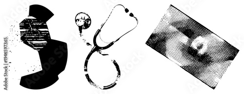 Stethoscope, DNA strand, and X ray rendered in gritty halftone, medical, healthcare symbols, clinical graphics, black and white vector art.