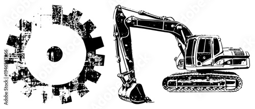 Mechanical gear with grunge texture, excavator construction vehicle, heavy equipment, machinery, industrial design, engineering tools, vector graphic.