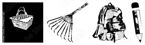 Four halftone vector picnic basket, rake, backpack, pencil flat design, ideal for print/digital use.