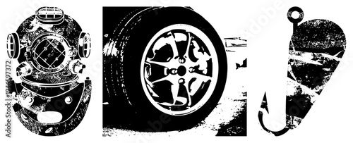 Black and white halftone vector diving helmet with rivets, alloy wheel with spokes, fishing hook lure. Grunge texture, isolated foreground. Technical gear and angling tools.