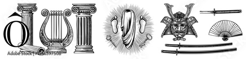 Antique Roman columns, lyre instrument, draped statue with feet, samurai mask, katana swords, folding fan vector for cultural design. Classic, symbolic, historical,, graphic set.