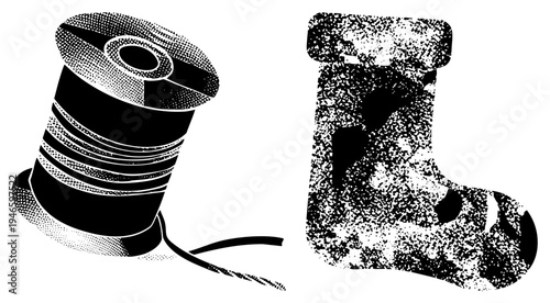 Christmas filled with gifts, spool of thread with winding ribbon, festive holiday decor, holiday craft supplies, black and white halftone design.