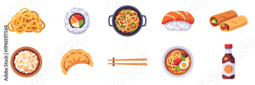 Set of Asian food icons, ramen, sushi, noodles, dumpling and soy sauce, colorful collection with vector flat illustrations