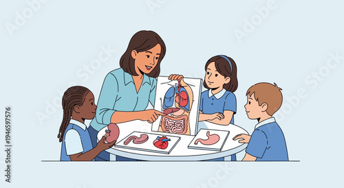 A teacher enthusiastically instructs young students on human anatomy, showcasing organs and models in a classroom setting.