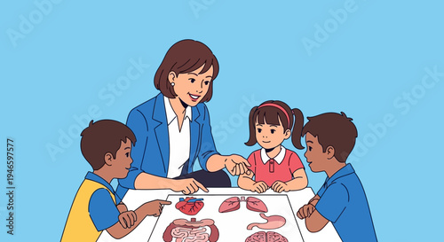 Teacher leading children's anatomy lesson with organ models on a table
