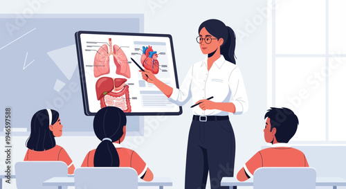 Anatomy Teacher Explaining Human Organs To Students In A Classroom Presentation