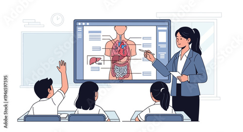 Teacher leading an anatomy lesson in a classroom with students