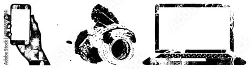 Digital devices rendered in gritty halftone, hand gripping phone, DSLR camera, open laptop tech essentials with textured decay aesthetic.