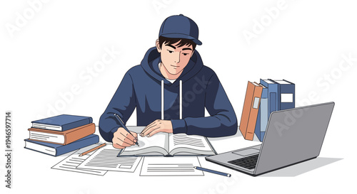 Focused student wearing a blue cap and hoodie diligently studying at a desk with books and a laptop
