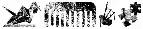 Black and white vector featuring origami crane, comb, bagpipes, and puzzle pieces with distressed texture, ideal for graphic design or print.