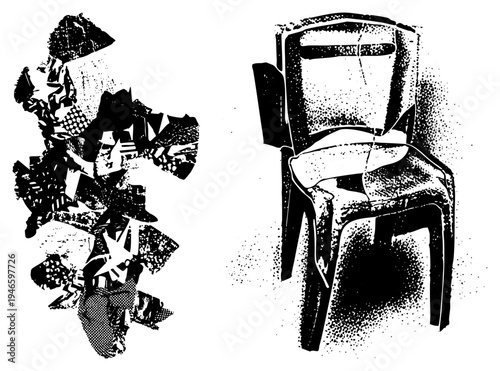 Graphic composition of fragmented and halftone chair, vector art, black and white, modern design, artistic abstraction, isolated elements.