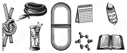 Hand drawn including rope knot, snake, hourglass, pill, calendar, pencil, molecule, and book, rendered in classic art style for symbolic representation.