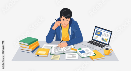 Young student diligently studying at a desk with books and a laptop