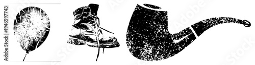 Retro dot balloon, combat boot, smoking pipe classic halftone vector silhouettes. Vintage graphic design elements, isolated, style.