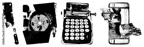 Retro typewriter keyboard, circular fan blades, butcher knife, and broken phone rendered in gritty halftone, isolated vector elements for design.