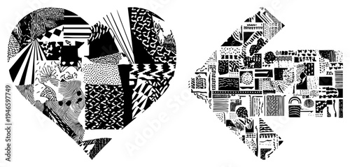 Geometric heart and directional arrow formed from mosaic of bold art, graphic design, stylized vector art, modern minimalism, decorative illustration.