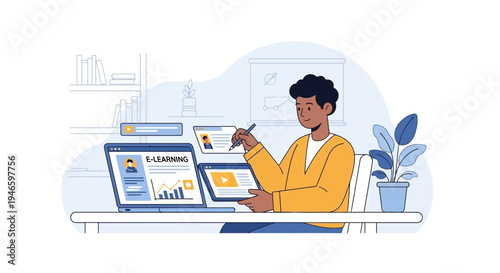 Young man engaged in online e-learning with multiple digital devices and interactive screens