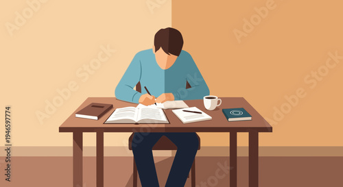 Student focused on writing at a desk with books and coffee, illustrating focused learning
