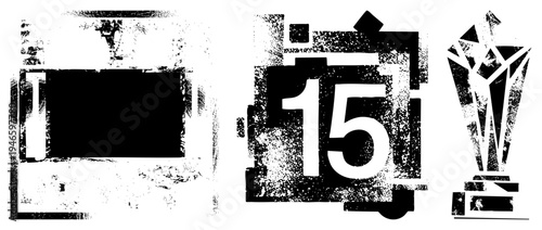 Distressed vector featuring TV screen, numeral fifteen, and trophy award, stylized with noise texture, palette, and bold.