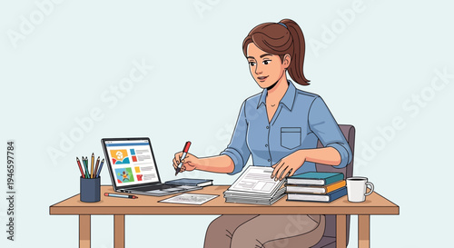 A woman diligently working at her desk with a laptop and stacks of papers, surrounded by books and study materials.
