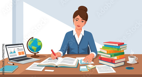 An engaging teacher with a book and globe on her desk, writing and studying